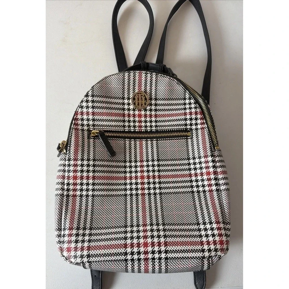 Tommy Hilfiger Women's Black And Red Plaid  Backpack Monogram Printed Logo